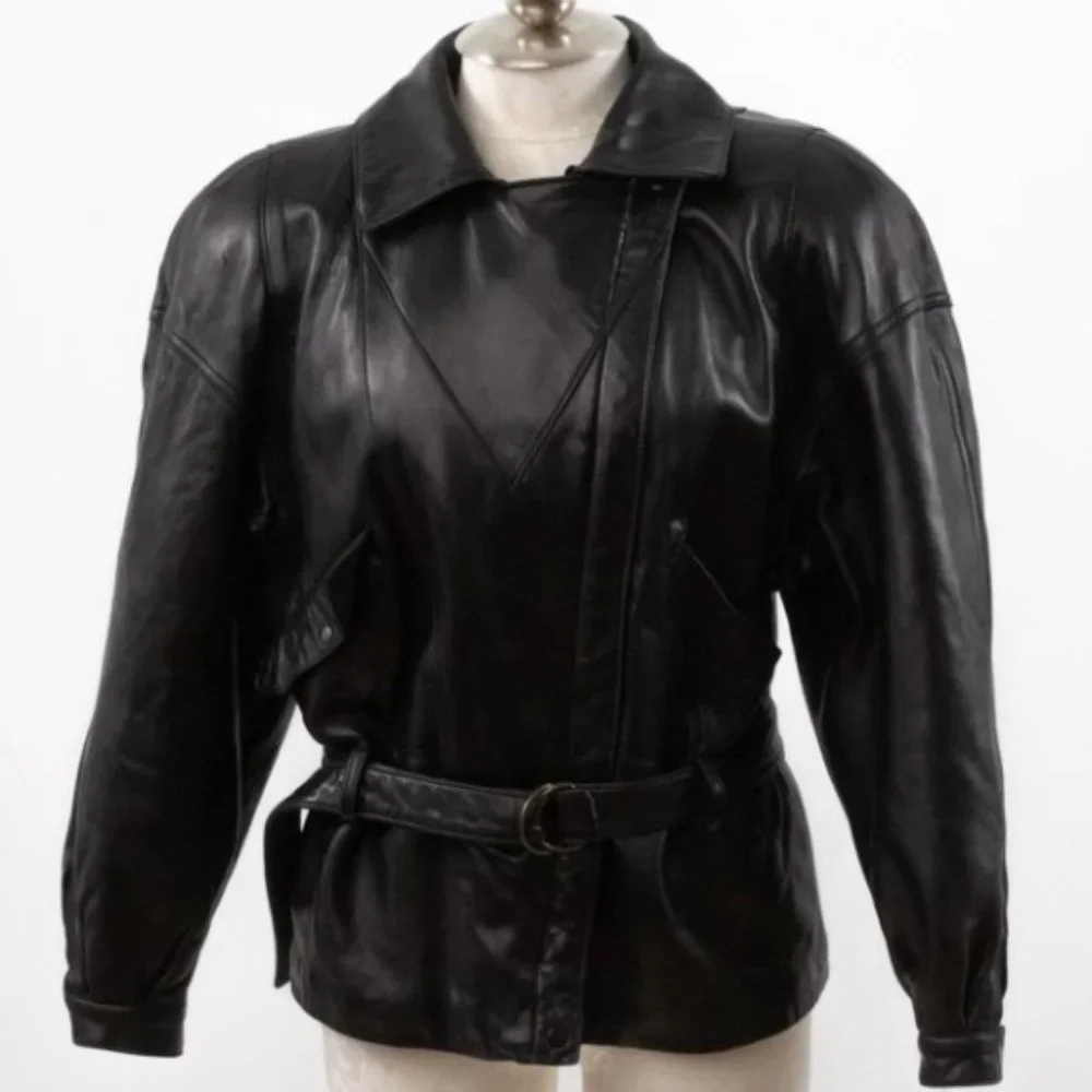 Vintage 80s Black Leather Jacket M Footballer Short Blazer Coat - Picture 8 of 14